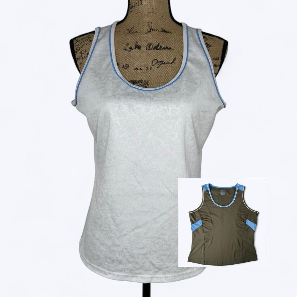 2 Bolle Athletic Tank Tops Sz XL White Floral Grayish‎ Green Blue Tennis Golf